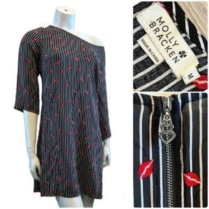 Molly Bracken Chic White And Black Striped Dress with Red Lips Design